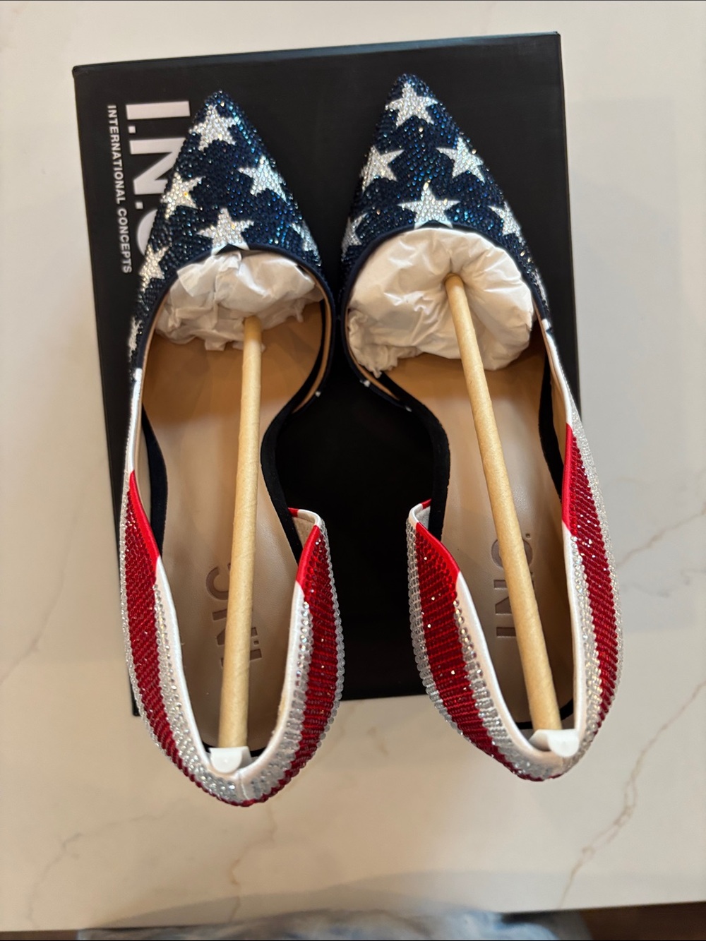 INC International Concepts Red White and Blue Rhinestone Star-Striped Pumps 250 - Picture 9 of 12